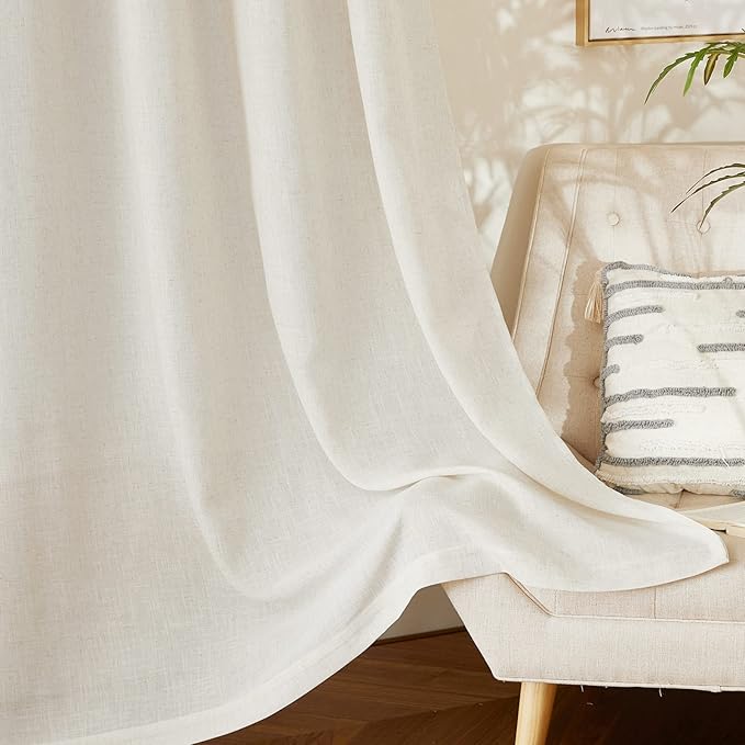 NICETOWN Linen Curtains for Bedroom 95 inch Long, Grommet Flax Linen Weave Window Curtains & Drapes Semi Sheer Privacy with Light Filtering for Living Room, W42 x L95, 2 Panels