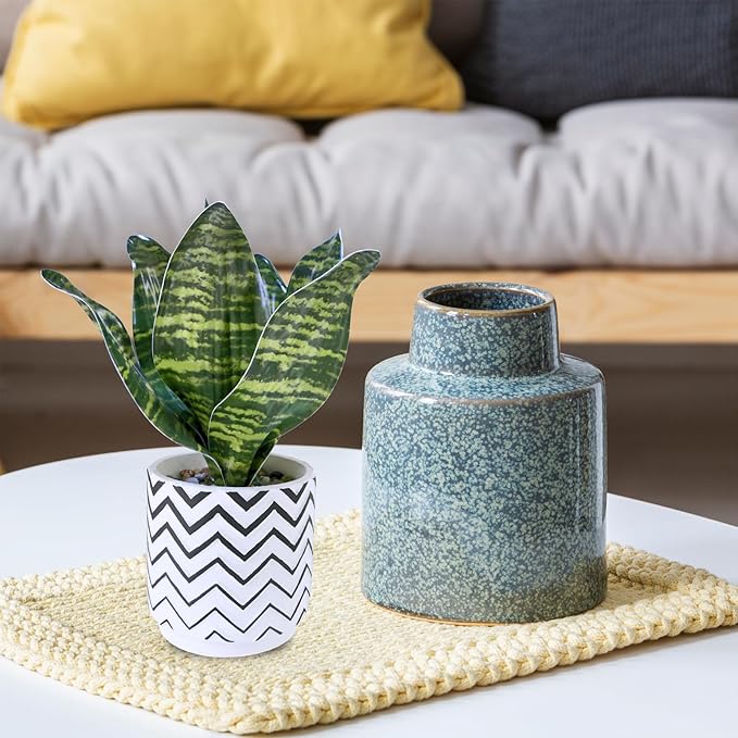 Winlyn Set of 3 Artificial Potted Succulent Plants Faux Snake Plant Hops String of Pearls in Black White Geometric Planter Small Fake Desk Plants for Kitchen Bathroom Shelf Desk Table Windowsill Decor
