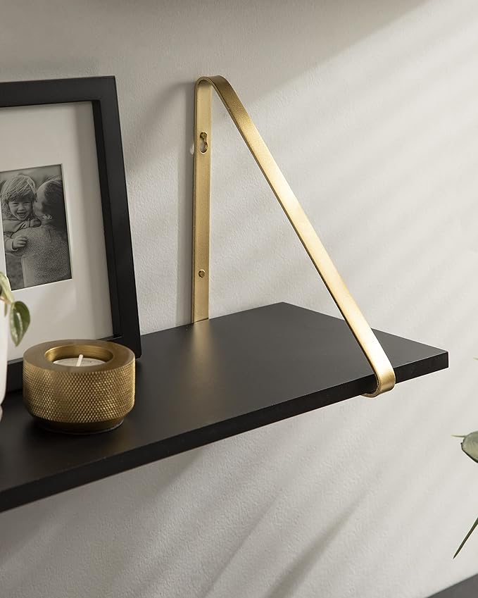 Kate and Laurel Soloman Black Wooden Shelves with Gold Metal Brackets, 2 Piece Set