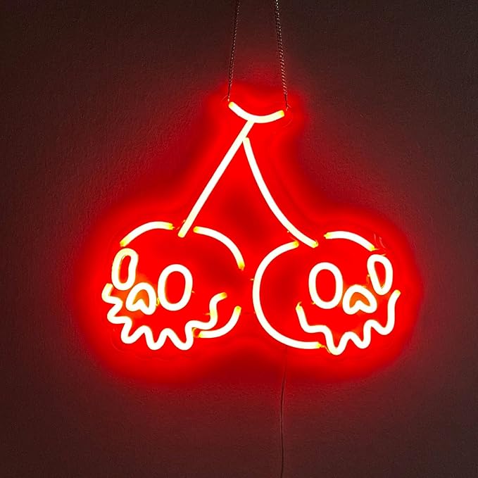 Skull Neon Sign,Cherry Wall Decor for Bedroom,Halloween Horror Decor,Gothic Red Light for Party,USB Powered Cherry Skull,Goth Lover Gifts-15"Red