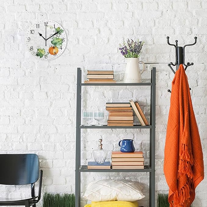 ALAZA Wall Clock Watercolor Pumpkin Leaves Silent Non-Ticking Decorative Wall Clocks Battery Operated 10 Inch for Home Living Room Kitchen Bathroom Bedroom