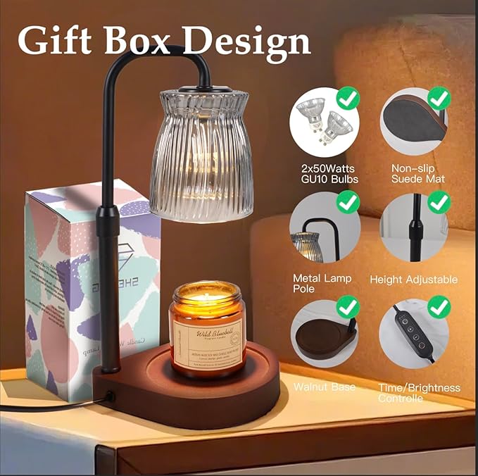 Shering Candle Warmer Lamp with Timer Dimmable, Adjustable Height Candle Warmer Light with Gift Box, Birthday Gifts for Women Friend, House Warming Gift Home Decor, Wax Warmer Lamp with 2 Bulbs