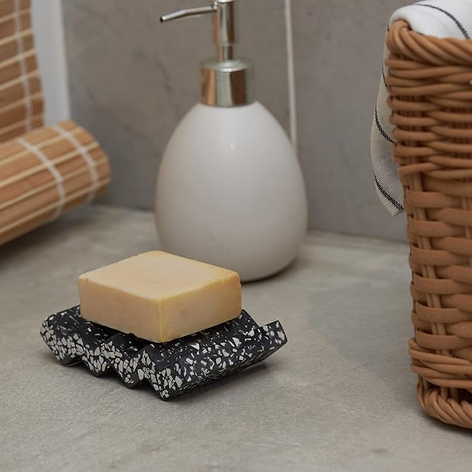 Zig Zag Jesmonite Terrazzo Stone Soap Dish for Bathroom Sink - Concrete Soap Saver for Bar Soap Holder for Shower - Sponge Holder - Self Draining Soap Dish Holder - Kitchen Soap Tray (Black)