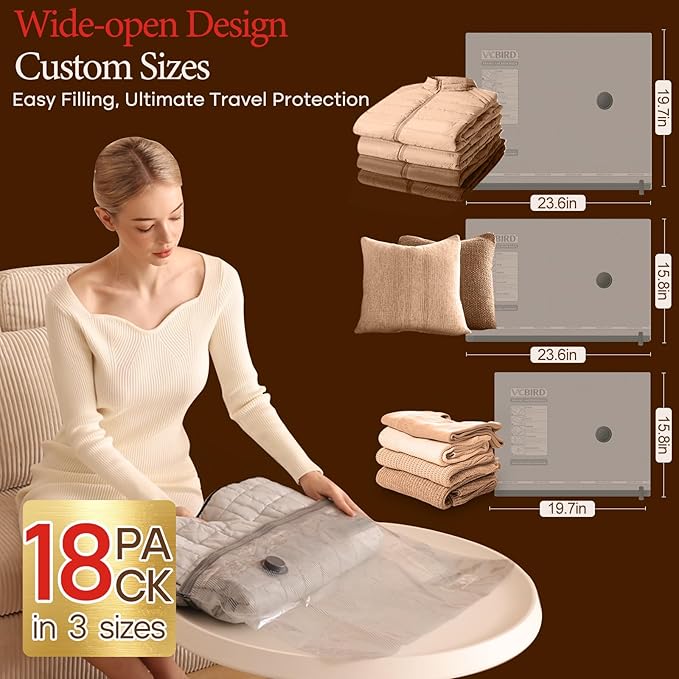 Vacuum Storage Bags for Travel with Rechargeable air Pump, 18 Pack Carry-on Size Compression Packing for Luggage and Suitcase, Space Saver Bags for Clothes and Clothing Travel