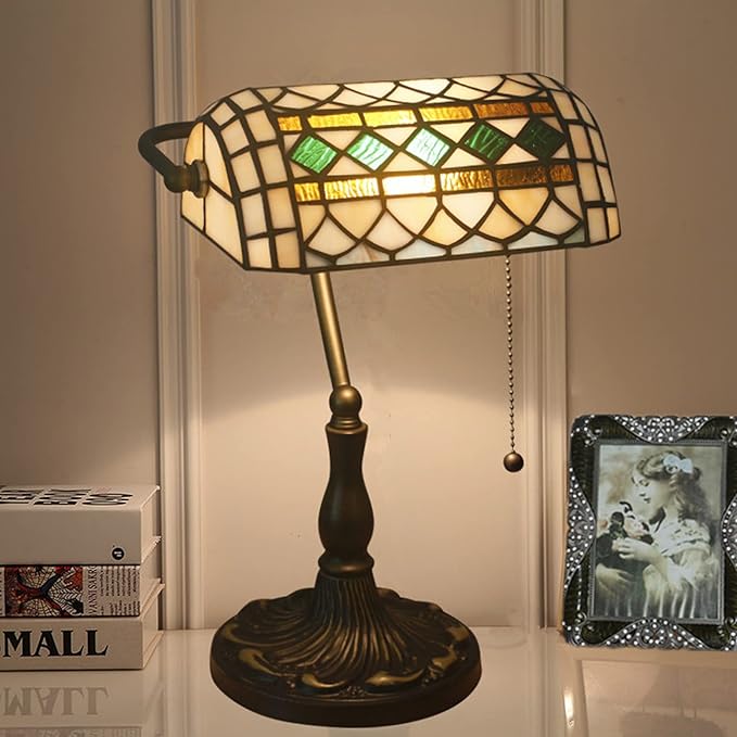 Tiffany Style Bankers Table Lamp Stained Glass Piano Desk Lamp Vintage Bedroom Bedside Lamp for Study,Antique Alloy Base,Zipper Switch,Green e