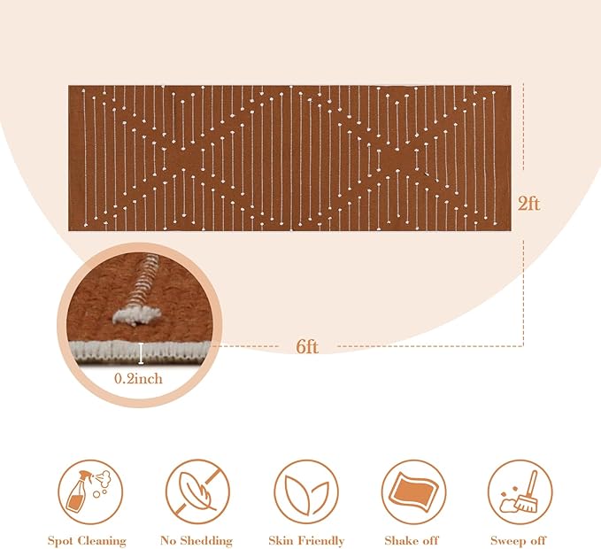 LIVEBOX Burnt Orange Runner Rug 2'x6' Boho Washable Rug for Hallway, Moroccan Woven Entryway Throw Area Rug Indoor Cotton Mat for Kitchen Bedroom Laundry Bathroom Entry