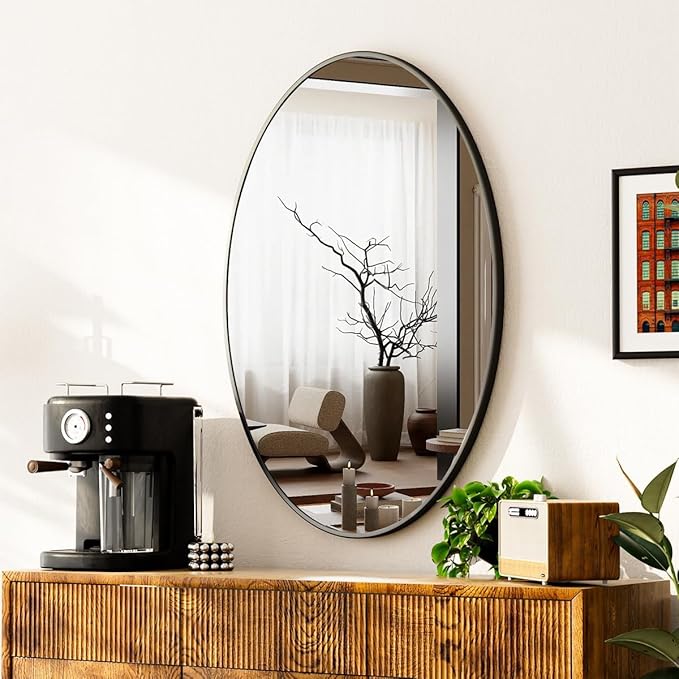 Black Oval Bathroom Mirror, 24 x 32 inch Modern Oval Wall Mounted Vanity Mirror with Tempered Glass Hanging Horizontally or Vertically, Black