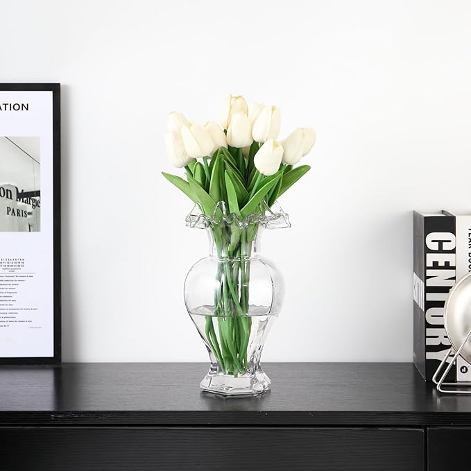 Large Glass Vase, Clear Vase for Flowers, Flower Vases for Bouquet, Glass Flower Vases for Living Room, Dining Table, Shelf, Wedding, Office, Coffee Table, 9.5 Inches