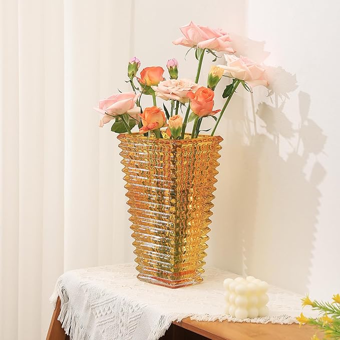 MCMCNCUIU Crystal Vase, Large Crystal Vases for Flowers, Large Flower Vase, Modern Amber Vases for Living Room, Bedroom, Kitchen, Dining Table, Mantle, Wedding, 11 Inches
