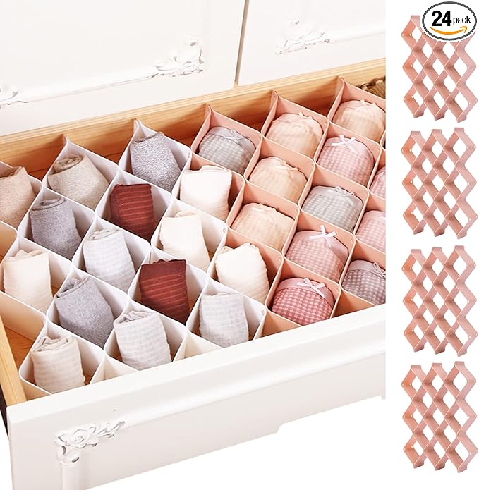 ROUFA Sock Drawer Organizer for Dresser, Honeycomb Underwear Dividers for Women, Panty Separator for Bras, Socks, Belt and Leggings (24pcs.Pink)