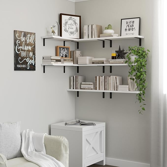 Floating Shelves, 8 Sets Wall Shelves, Wooden Floating Shelves for Bedroom Wall Décor, Wall Mounted Floating Bathroom Shelf for Storage, Floating Book Shelf Living Room – White