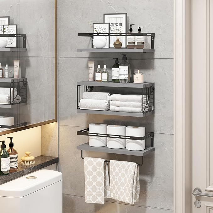 Fixwal 3+1 Tier Wall Mounted Bathroom Shelves Over Toilet, Rustic Wood Floating Shelves with Metal Frame and Towel Bar for Bathroom, Kitchen, Bedroom, Living Room (Gray)