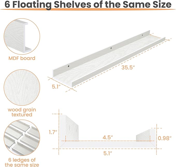 upsimples Floating Shelves for Wall, Wall Shelves for Decor Storage Set of 6, Wall Mounted Wood Shelves for Bedroom, Living Room, Bathroom, Kitchen, 35.5 inch Long Picture Ledge Shelves, White