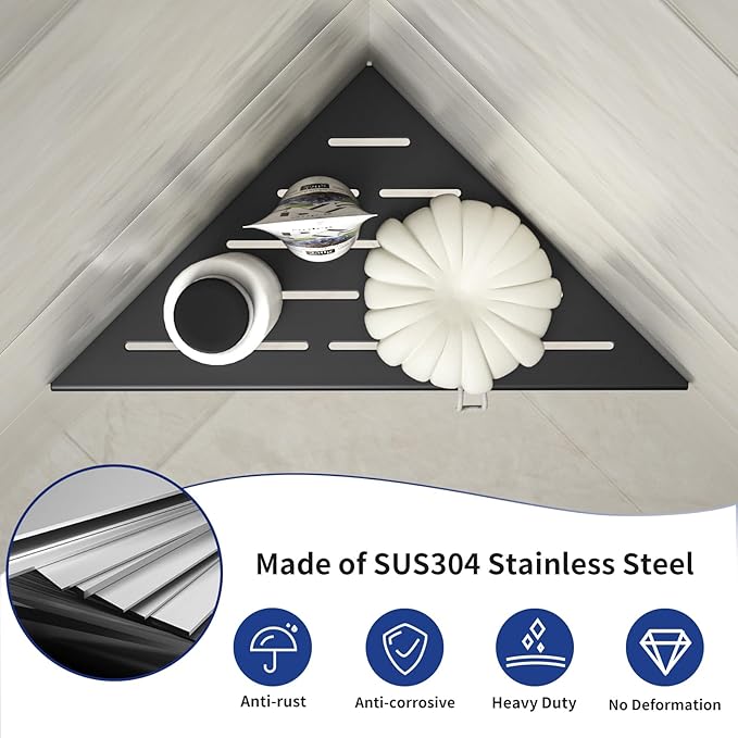 Corner Shower Shelf 10" Matte Black 304 Stainless Steel Slot Design Recessed Corner Shelves Bathroom Shower Shelf for Tiled Wall, 2 Pack
