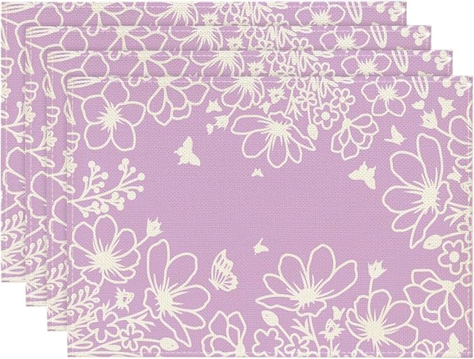 Artoid Mode Purple Flowers Floral Butterflies Spring Placemats Set of 4, 12x18 Inch Seasonal Table Mats Party Kitchen Dining Decoration
