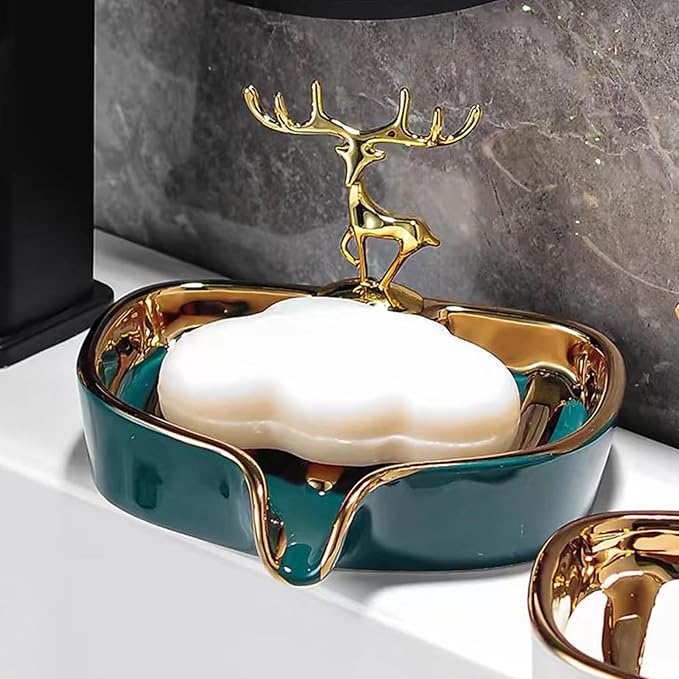 Soap Dish, Virvia Luxurious Ceramic Soap Dish Self Draining Soap Holder Tray Easy Cleaning Soap Saver for Shower Bathroom Kitchen Sink Bathtub Hotel Travel(Green Painted in Gold)