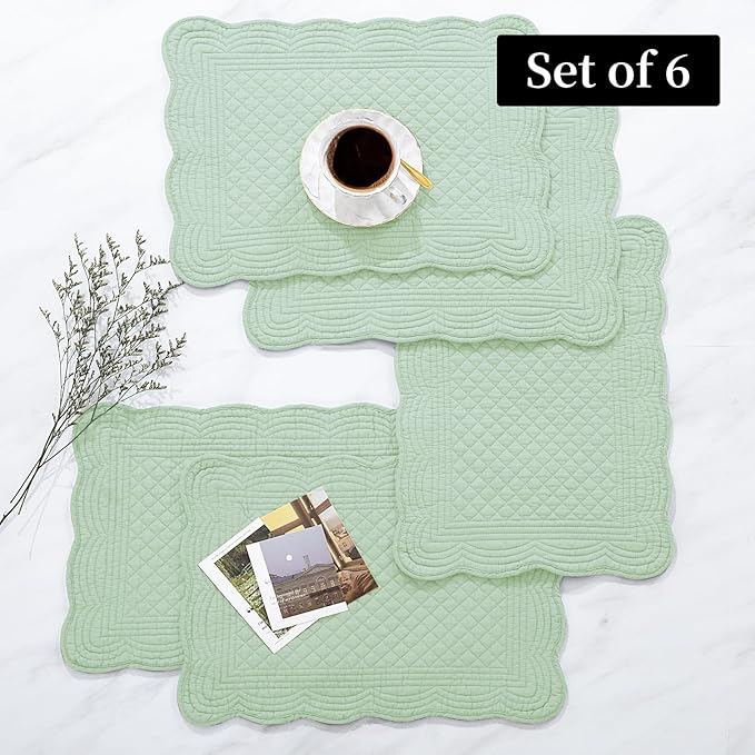 HOMBYS Quilted Placemats Set of 6 Washable-13x18 inches Rectangular Placemats for Kitchen Table-100% Cotton Fabric Rectangular Table Mats, (Sage Green)