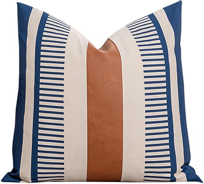 Farmhouse Stripe Pillow Cover 18x18 Boho Accent Cushion Case Faux Leather Decorative Pillowcase,Navy Blue and Beige (Cover ONLY, Pack of 1)