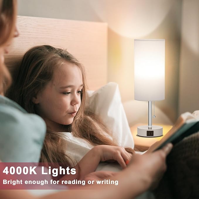 Hong-in Nightstand Lamp with 3 Color Modes - White Lamp for Bedroom with USB-C USB-A Charging Ports, 3000/4000/5000k Bedside Lamps by Pull Chain, Small Table Lamp for Bedroom, Office, Living Room