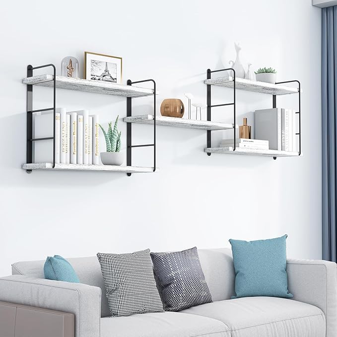 Wall Mounted Floating Shelves, Wall Shelves, Rustic Wall Decor Wood Shelves for Bedroom, Living Room, Bathroom and Kitchen Storage, Easy Installation (5, Washed White)
