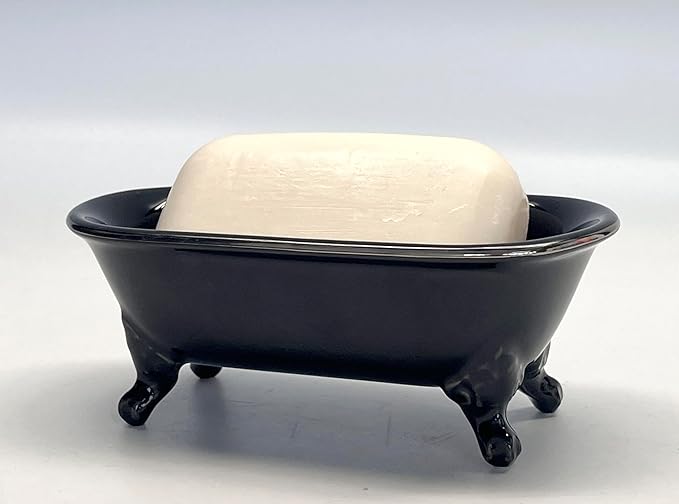 6.5" Ceramic Mini Decorative Clawfoot Bathtub Bar Soap Dish, Kitchen Sponge Holder and Shower Tray for Bathroom, 1 Pack (Black Silver Rim)