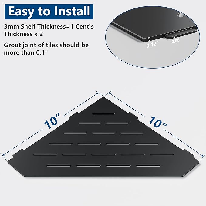 Matte Black Corner Shelf, Floating Corner Shelves for Tile Wall, Tile Shower Shelf, 304 Stainless Steel Wall Storage Shelves for Bathroom, No Drilling, 10 Inch, 1 Pack