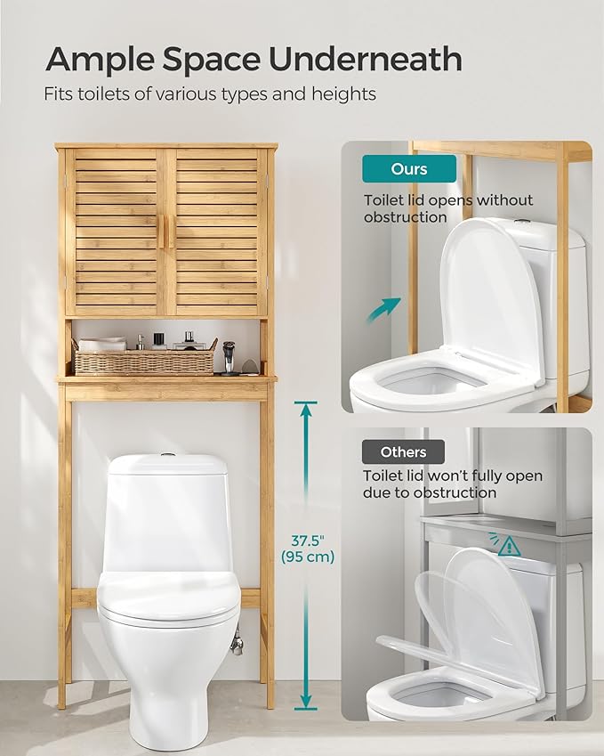SONGMICS Over The Toilet Storage Cabinet with Charging Station, Bathroom Cabinet with Adjustable Inside Shelf and Bottom Stabilizer Bar, Space-Saving Toilet Rack, Natural Beige UBTS015N01