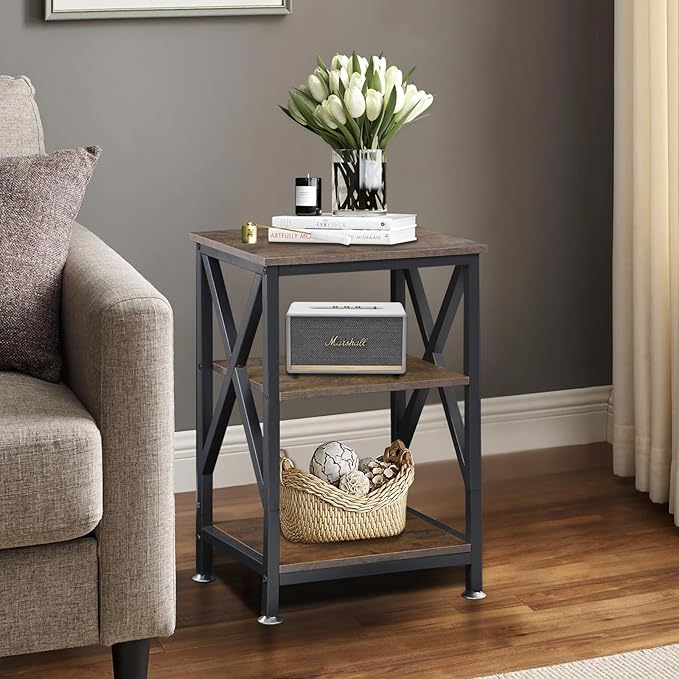 End Tables with Storage Shelf, 12" D x 16" W x 24" H, Small Side Table 3-Tier, End Tables Living Room Farmhouse, X-Shaped Night Stands for Bedrooms Bedside Tables