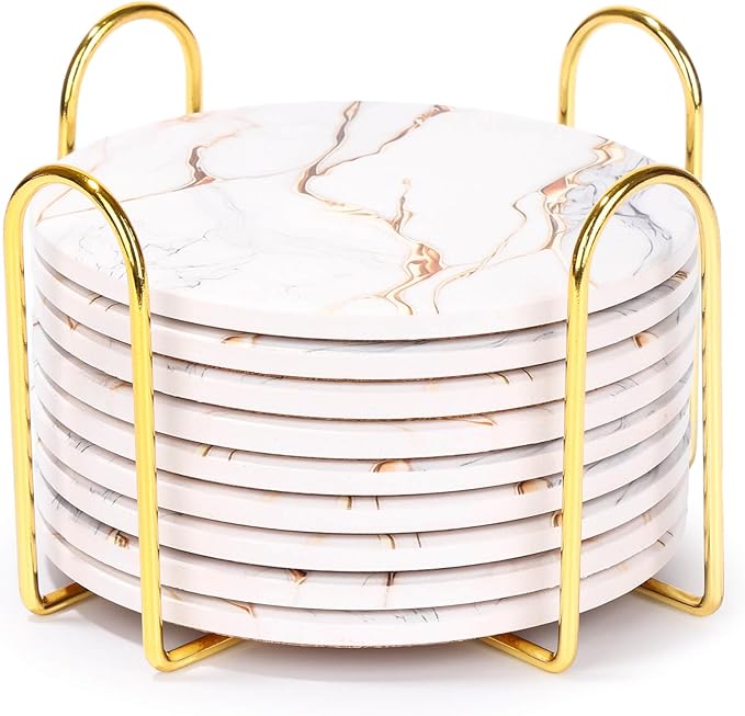 9 Pieces Ceramic Drink Coasters with Holder, Billbotk Absorbent Drink Coasters for Coffee Table, Marble Style Coasters Wooden Table, Suitable for Kinds of Cups, 4 Inches