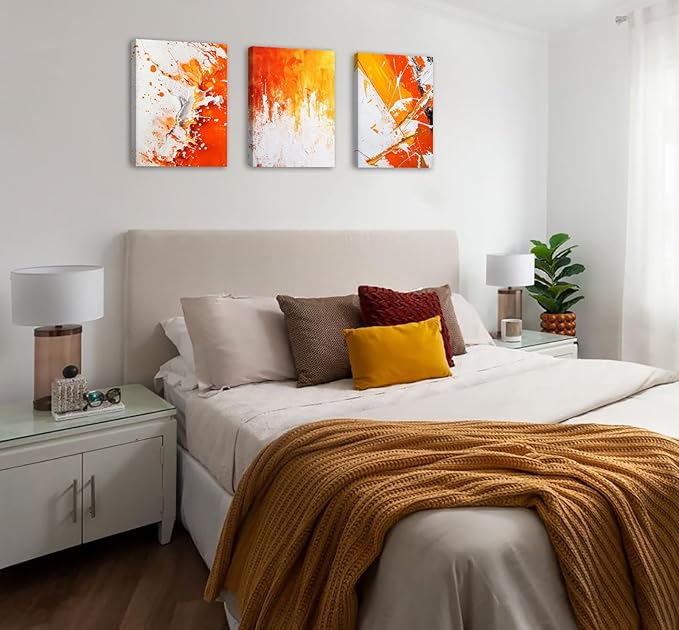 JiazuGo 3 Piece Modern Abstract Canvas Wall Art - Burnt Orange Textured Paintings for Bedroom and Bathroom Decor, Aesthetic Fall Room Decorations Ready to Hang