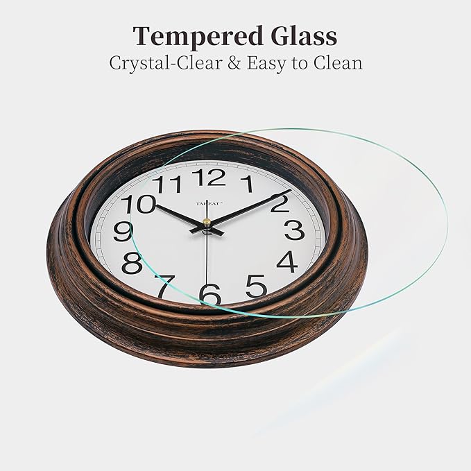 TAHEAT Vintage Gold Copper Wall Clock, Silent Non Ticking Battery Operated Round Wall Clock Decorative for Kitchen Living Room Bedroom Office, 10 Inch
