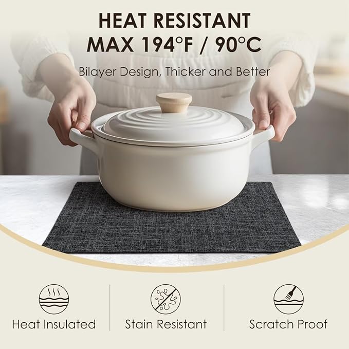 Placemats Set of 8, Bilayer Thickened Linen Place Mats Heat Resistant Machine Washable Wrinkle Free Carefully Selected Polyester Mats for Kitchen/Dining/Coffee Table (Charcoal Grey)