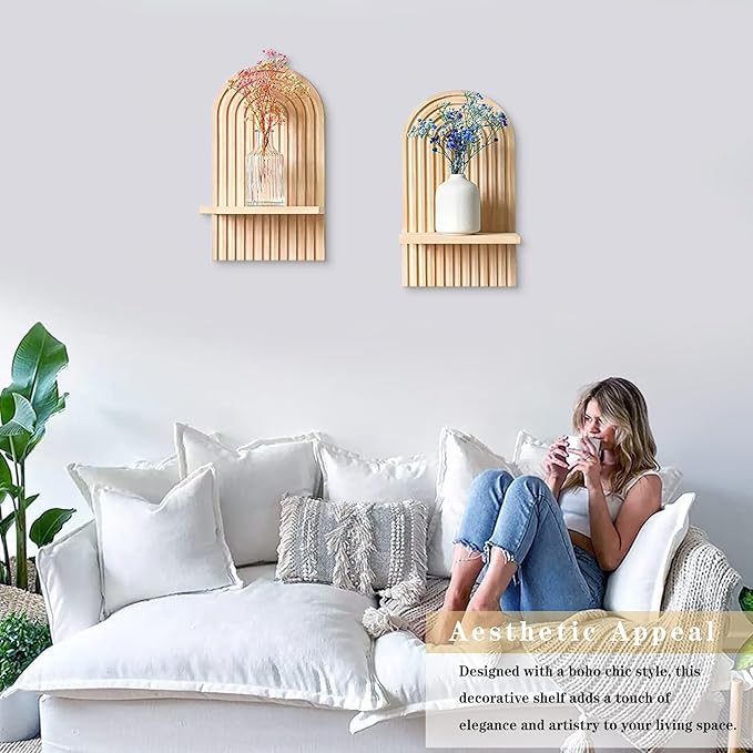 LIYAOLI Boho Arched Wall Shelf Set of 2-15 x 8.6 Inch Wooden Hanging Shelves for Living Room & Bedroom - Mid-Century Modern Bohemian Wall Decor (Natural Wood Finish)