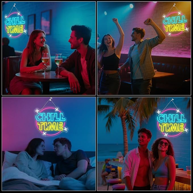Chill Time Neon Sign Wall Decor, Happy Hour Neon Bar Open Led Signs Suitable Cocktail Drinks Open Signs For Home Bar Coffee Station Business Window Man Cave Office Club Decor Birthday Christmas Gift