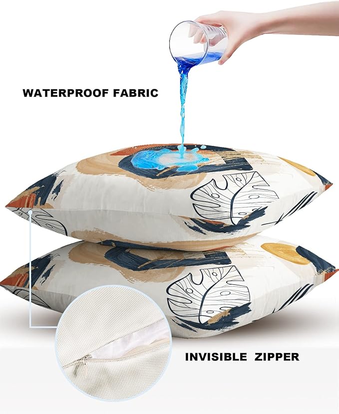 Outdoor Waterproof Throw Pillow Covers Set of 2 Boho Decorative Outdoor Pillows Cushion Case 18x18 Inch Bohemian Patio Pillows for Couch Sofa Bed Garden Office Home Decor Modern Graffiti Leaves