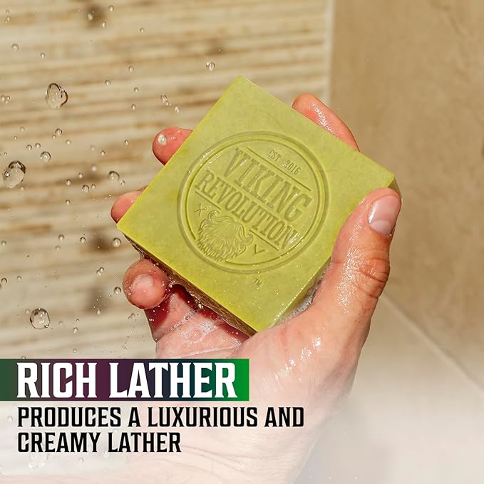Viking Revolution Natural Soap for Men - Mens Soap Bar with Essential Oils Cold Pressed Bar Soap for Men - Nourishing Soap with Tea Tree, Clary Sage, Peppermint Eucalyptus, Bergamot (4 Pack)