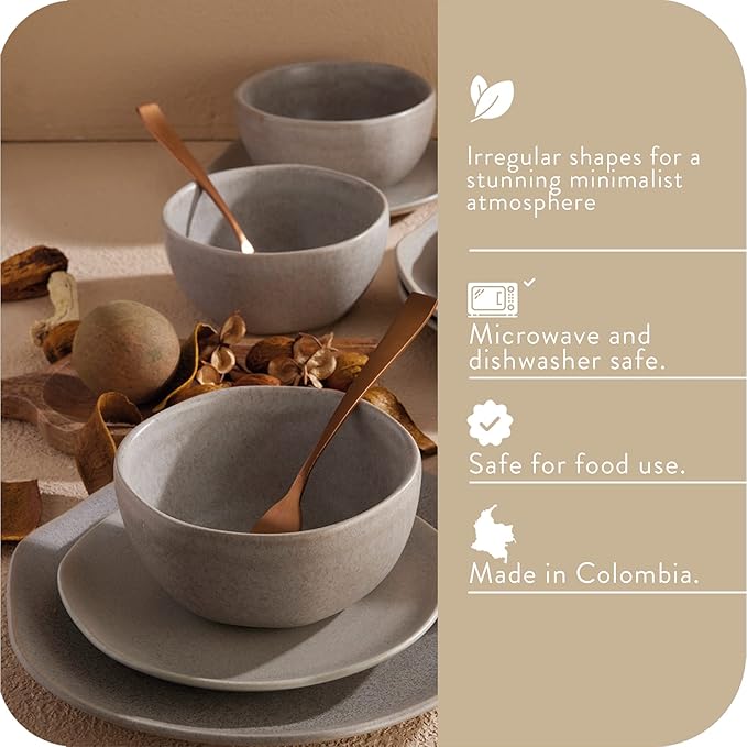 Corona Dinnerware Set 12– piece, Plates and Bowls Set, Ceramic Sets for 4, Microwave and Dishwasher Safe, Concreto Reactive Glaze