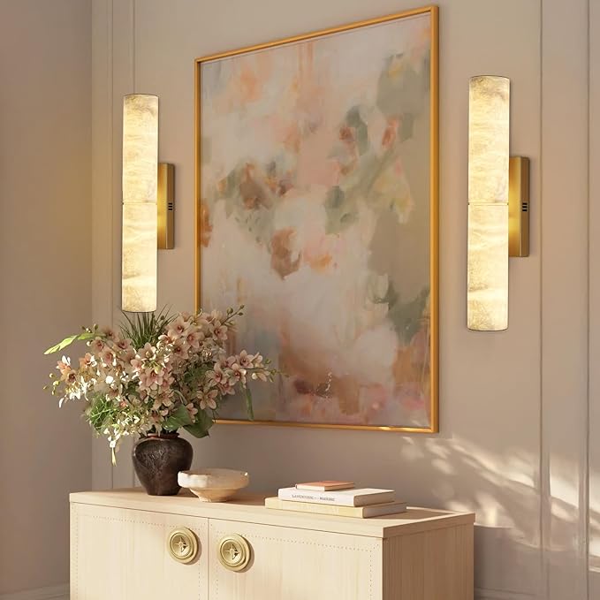 Brass Alabaster Wall Sconces, 20" Natural Marble Wall Sconce, Hardwired Gold Wall Sconces Indoor, Stone Wall Sconce Dimmable, Alabaster Wall Lamp for Living Room, Bathroom, Bedroom, Hallway-Upgraded