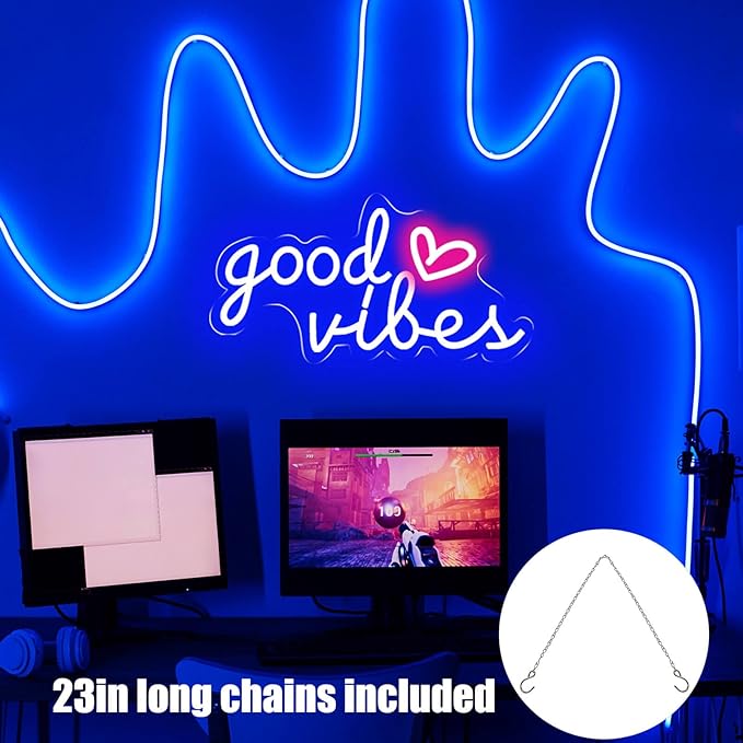 Blue Good Vibes Neon Signs for Wall Decor, Room Decor Aesthetic Good Vibes Neon Light Blue, USB Good Vibes LED Sign for Bedroom, Pink Heart & Good Vibes Light up Sign for Teen Boys Men Cave