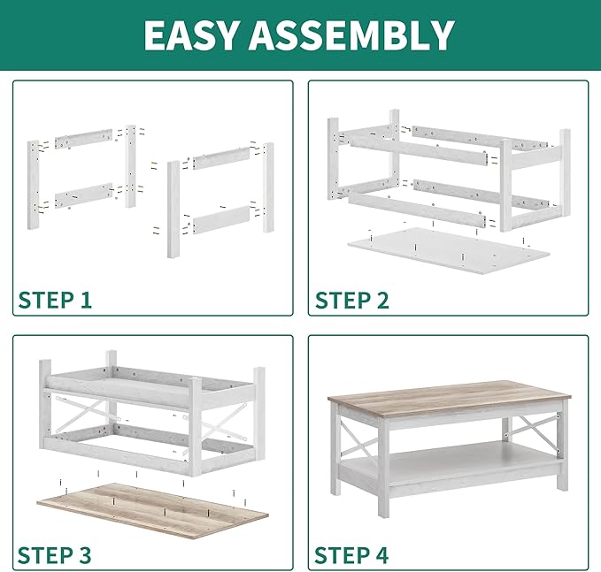 YITAHOME Coffee Tables for Living Room, Modern Farmhouse Coffee Table with Storage, 2-Tier Center Table Wood Living Room Table Accent Cocktail with Sturdy Frame, Grey Wash
