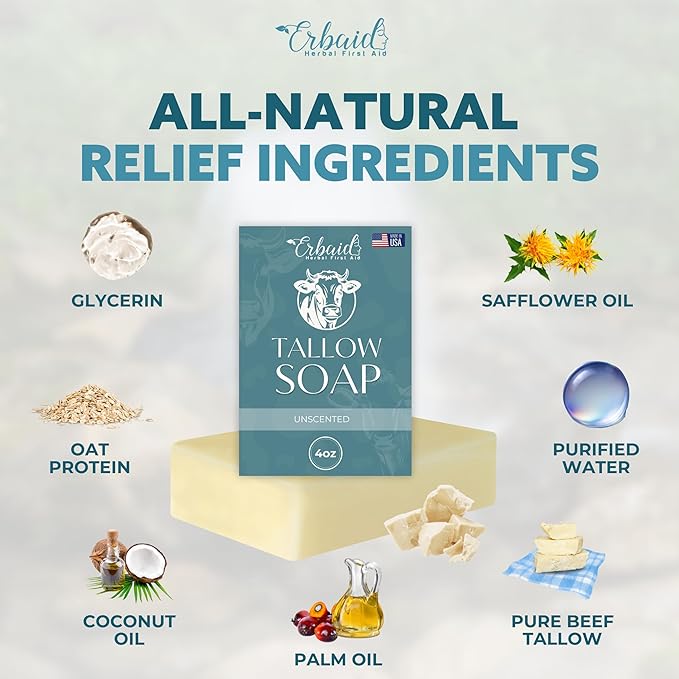 Beef Tallow Soap Bar – All Natural Grass Fed Tallow Soap Unscented – Moisturizing Face & Body Wash Great for Eczema, Dry, Itchy, Sensitive Skin – Handcrafted Bath Soap for Adults, Kids, Made in USA