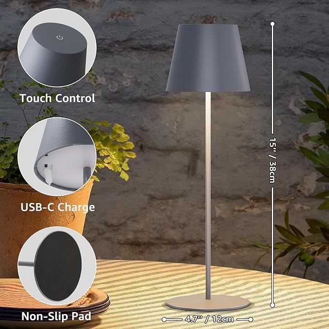 uuffoo 2 Pack Cordless Rechargeable Table Lamps, 5200mAh Battery Powered Outdoor Table Lamps with 3 Colors Stepless Dimming, Desk Night Light for Restaurant, Patio, Bedroom, Bar (Gray)