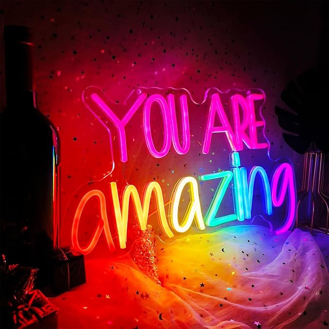 You Are Amazing Neon Sign Dimmable, USB You are Amazing LED Neon Light Sign for Wall Decor, Colorful LED Letter Light Up Sign for Living Room Bedroom Christmas Gift, 16.9" X 10.6"