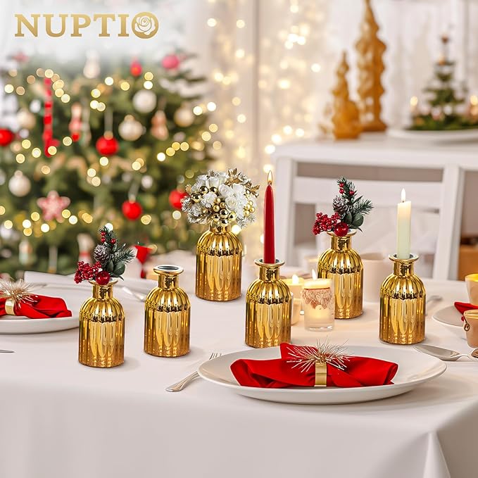 NUPTIO Bud Vases Small Gold: 12 Pcs Glass Vase Set in Bulk for Flowers - Mini Vintage Flower Bottle Single Assorted Vases for Wedding Table Centerpieces