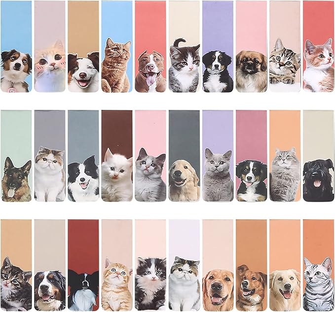 30 Pcs Magnetic Bookmarks, Cute Dogs Cats Page Markers Magnetic, Puppy Pets Animals Magnetic Page Clips Bookmarks for Students Teachers School Home Office Reading Bookmarks (Cat and Dog)