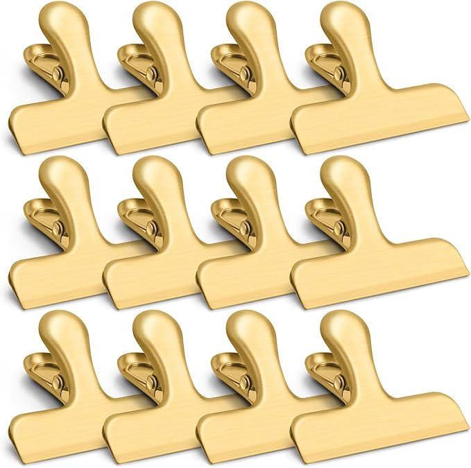 VNDUEEY 12 Pack Chip Clips, Stainless Steel Bag Clips for Food - Keep Snacks Fresh, Strong Grip Chip Clip Bag Clip, Perfect for Kitchen and Office Supplies -3 Inches, Gold