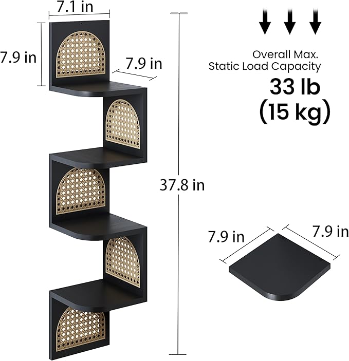 4-Tier Corner Shelves - Zig Zag Rattan Wall Shelf, Black Corner Shelf Wall Mounted, Floating Shelves for Bedroom, Bathroom & Living Room