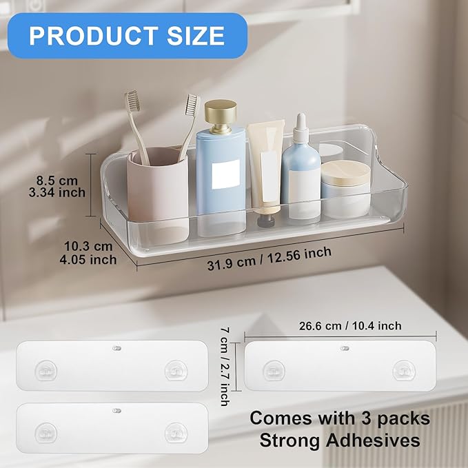 2pc Acrylic Wall Mount Organizer: Adhesive Shelf - Bathroom Wall Organizers - No Drilling Hang Walls, with 3pack Self Adhesive Tapes, for Bathroom, Kitchen,Living Room-Transparent