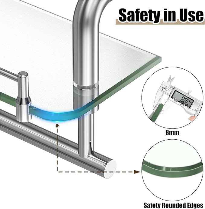 Bend Style Glass Shelves with Towel Rack, Chrome Polished Stainless Steel Shelf, 20Inch Tempered Glass Shelves for Wall Shelf Sink Over Toilet Bathroom