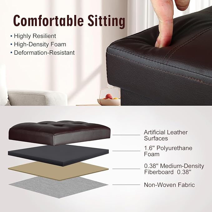 Storage Ottoman, Slim Tall Foot Stool with Thicker Foam Padded Seat. Folding Leather Foot Rest Furniture with Handles & Side Pocket. Ottoman with Storage for Living Room 350 lbs, 17x13x17in, Brown